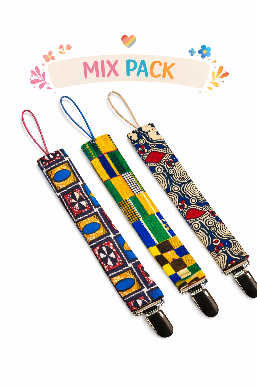 Handmade African print pacifier holder set – baby pacifier clips with wax fabric, unique baby gift, mix pack