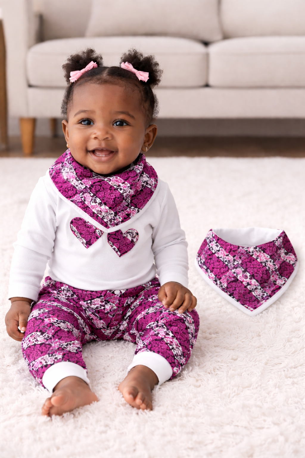 African baby girl wearing handmade Afro-fusion outfit with matching bandana bib in wax print, MiniBloom baby set by AfriBloom
