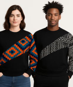 Matching couple sweatshirts with diagonal African print panels – AfriBloom.