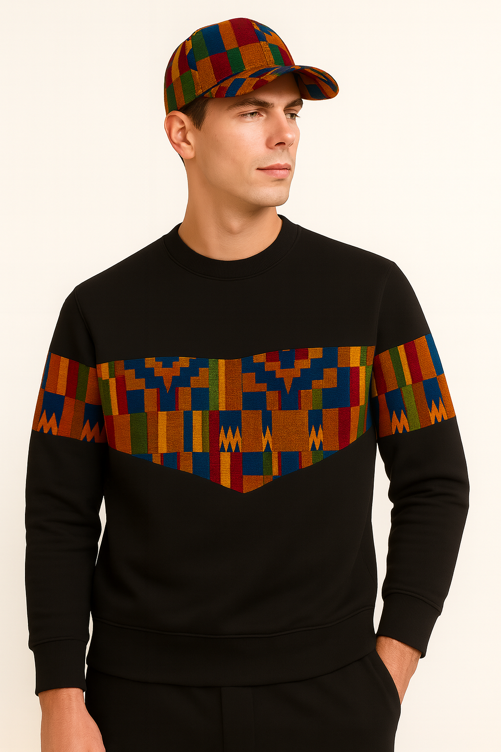 Black sweatshirt and matching African print cap bundle, Triangle Unity design by AfriBloom