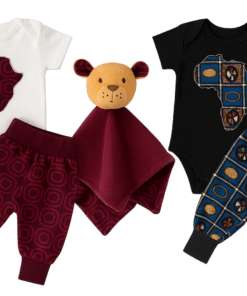 Baby African Print Gift Set – Bib + Pants + Booties + Onesie – AfriBloom Bundle