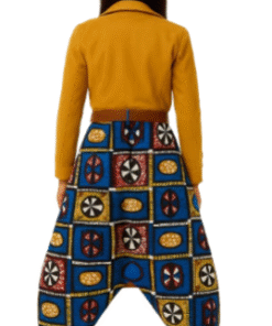Back view of Afro-fusion harem pants with bold blue print and knee-level drop crotch.