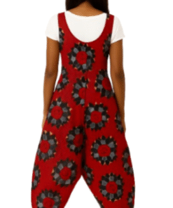 Back view of AfriBloom harem jumpsuit showing ultra-baggy drop-crotch silhouette.