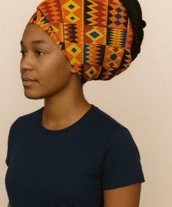 African print headwrap worn by model, colorful wax fabric turban head wrap