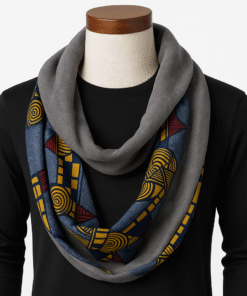 AfriBloom infinity scarf with vibrant wax print and soft fleece lining, displayed fully on a white background.