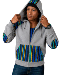 AfriBloom men’s grey hoodie with blue, teal, and yellow African print details worn by a male model holding the hood.