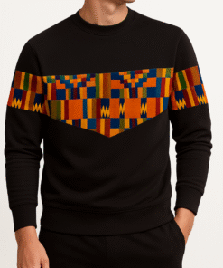 Men’s black sweatshirt with African Kente triangle pattern, handmade Afro-fusion streetwear design
