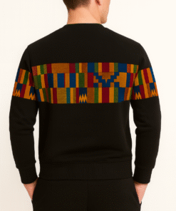 Back view of men’s Afro Triangle sweatshirt with African print panel and premium stitching