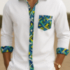 Men’s white Afro-fusion dress shirt with customizable African wax print accents on collar, cuffs, and back yoke.