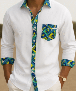 Men’s white Afro-fusion dress shirt with customizable African wax print accents on collar, cuffs, and back yoke.
