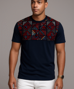 Men’s navy t-shirt with geometric African print chest panel, modeled by a man standing in a studio setting.