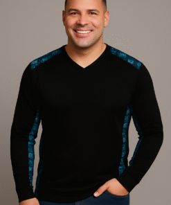 AfriBloom Men’s V-Neck Long Sleeve Tee – Black with Wax Side Panels