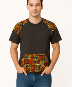 Man wearing grey short-sleeve hoodie with yellow and red wax African print on shoulders and pocket.