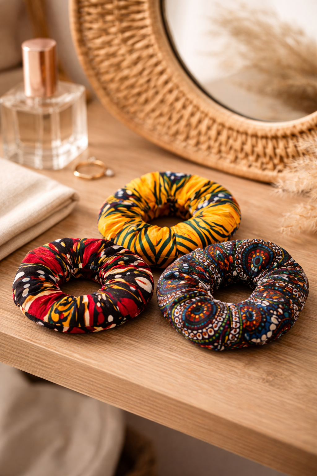 African wax scrunchies set styled on vanity table, handmade AfriBloom hair accessories in vibrant prints