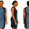 African woman wearing a knee-length stretch denim dress with a blue geometric African print panel in front and back, shown in front, side, and back view.