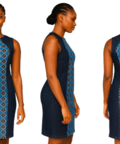 African woman wearing a knee-length stretch denim dress with a blue geometric African print panel in front and back, shown in front, side, and back view.