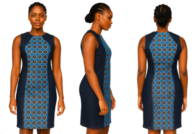 African woman wearing a knee-length stretch denim dress with a blue geometric African print panel in front and back, shown in front, side, and back view.