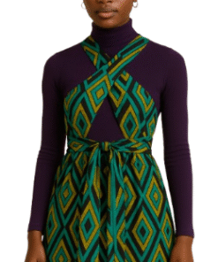 AfriBloom wrap-tie dress in African geometric print, knee and ankle length options, with long adjustable ties, elastic waist, and side zipper.