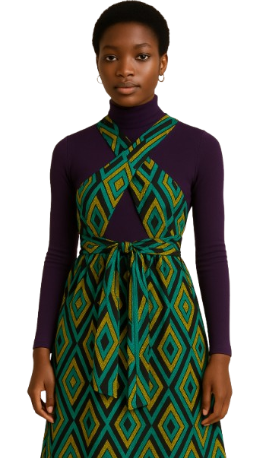 AfriBloom wrap-tie dress in African geometric print, knee and ankle length options, with long adjustable ties, elastic waist, and side zipper.