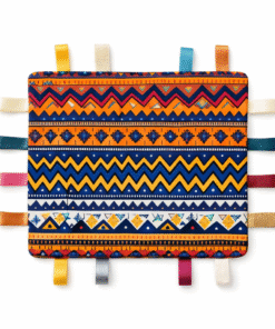 AfriBloom crinkle sensory baby toy laid flat with African print fabric and colorful ribbon tags