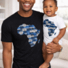 Father and baby wearing matching African print Africa appliqué t-shirt and onesie, handmade father son outfit by AfriBloom