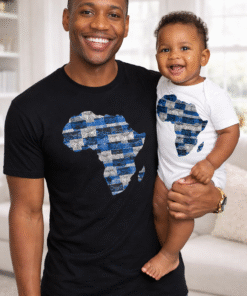 Father and baby wearing matching African print Africa appliqué t-shirt and onesie, handmade father son outfit by AfriBloom
