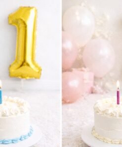 First birthday cake with number one candle and African print baby outfit for a 1-year-old
