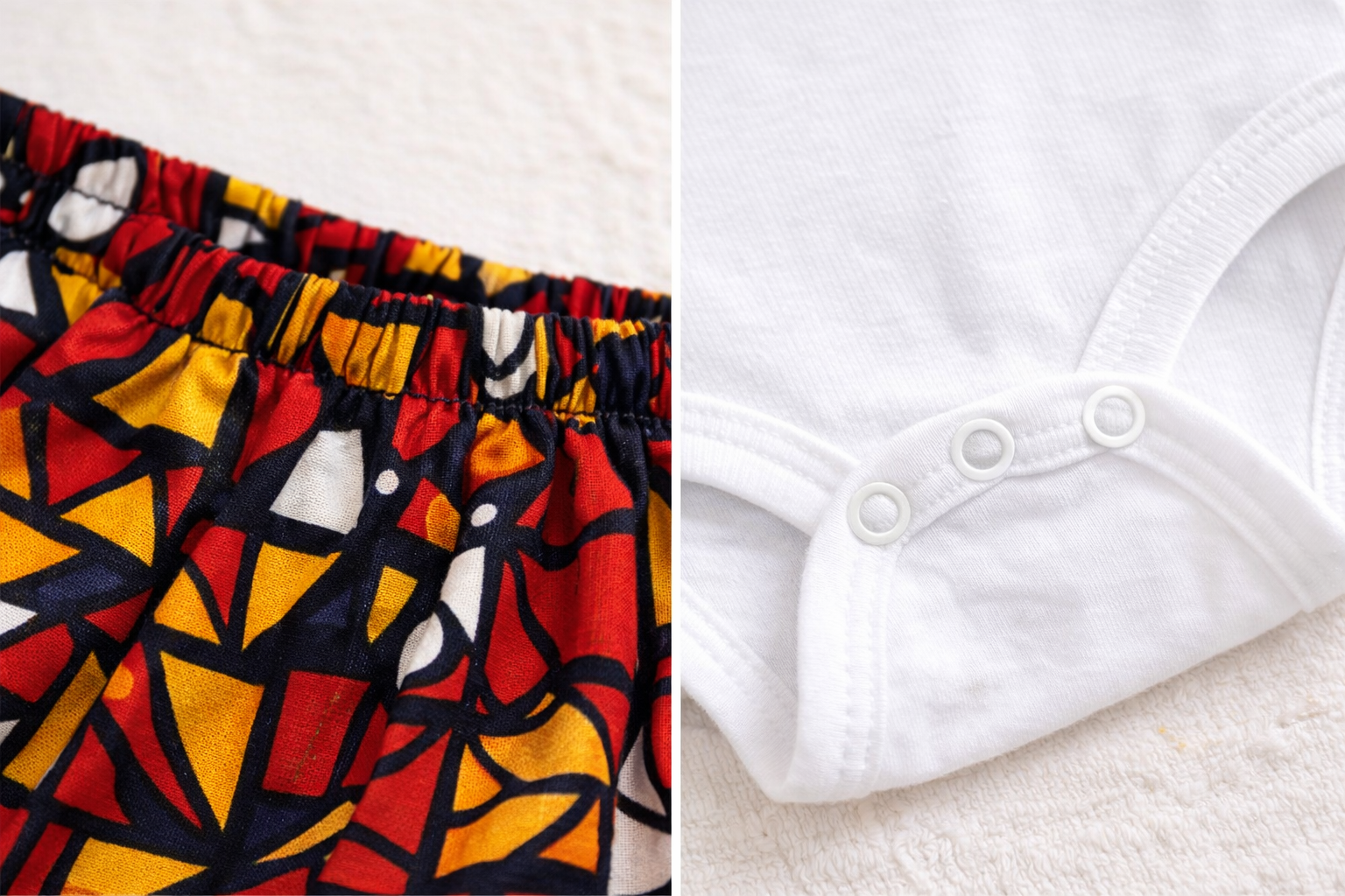 Close-up of African wax fabric shorts and cotton baby onesie with snap buttons