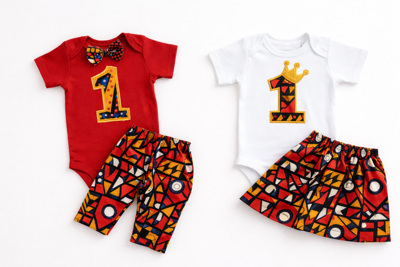 African print first birthday outfit for baby – onesie with number 1, bow tie and matching skirt