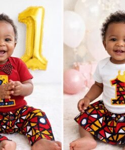 Baby wearing African print first birthday outfit with “1” onesie and matching skirt and pants