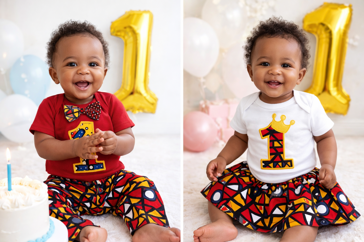 Baby wearing African print first birthday outfit with “1” onesie and matching skirt and pants