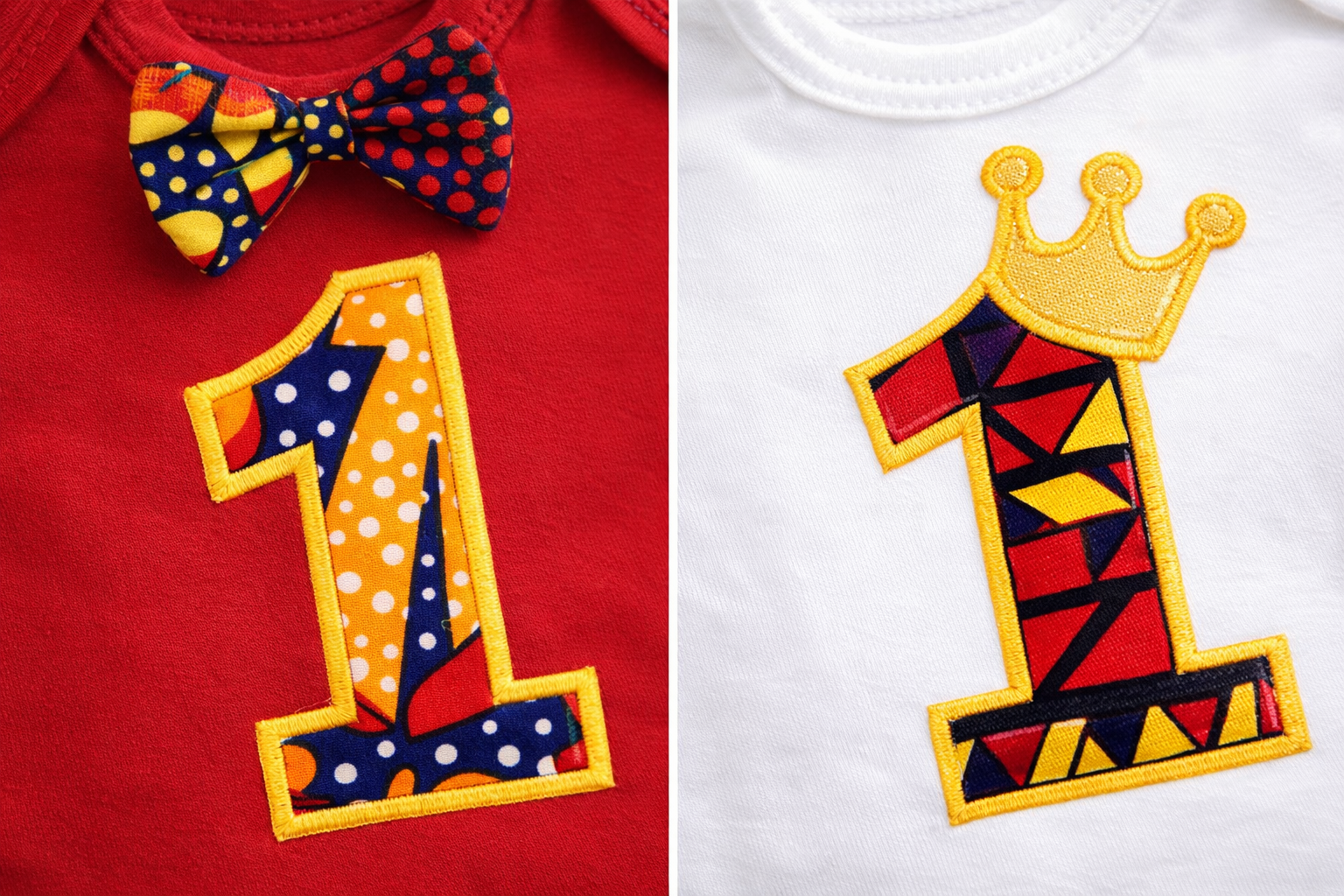Close-up of African wax fabric “1” applique on baby first birthday onesie with crown detail