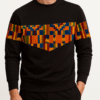 Men’s black sweatshirt with African Kente triangle pattern, handmade Afro-fusion streetwear design