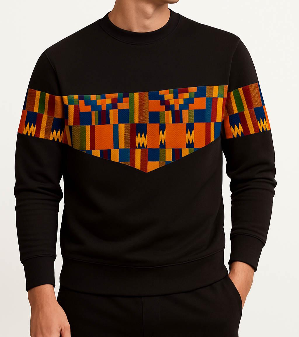 Men’s black sweatshirt with African Kente triangle pattern, handmade Afro-fusion streetwear design