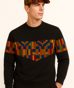 Black sweatshirt and matching African print cap bundle, Triangle Unity design by AfriBloom