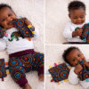 AfriBloom baby outfit with elephant appliqué and matching African wax sensory crinkle toy set