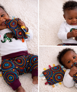 AfriBloom baby outfit with elephant appliqué and matching African wax sensory crinkle toy set