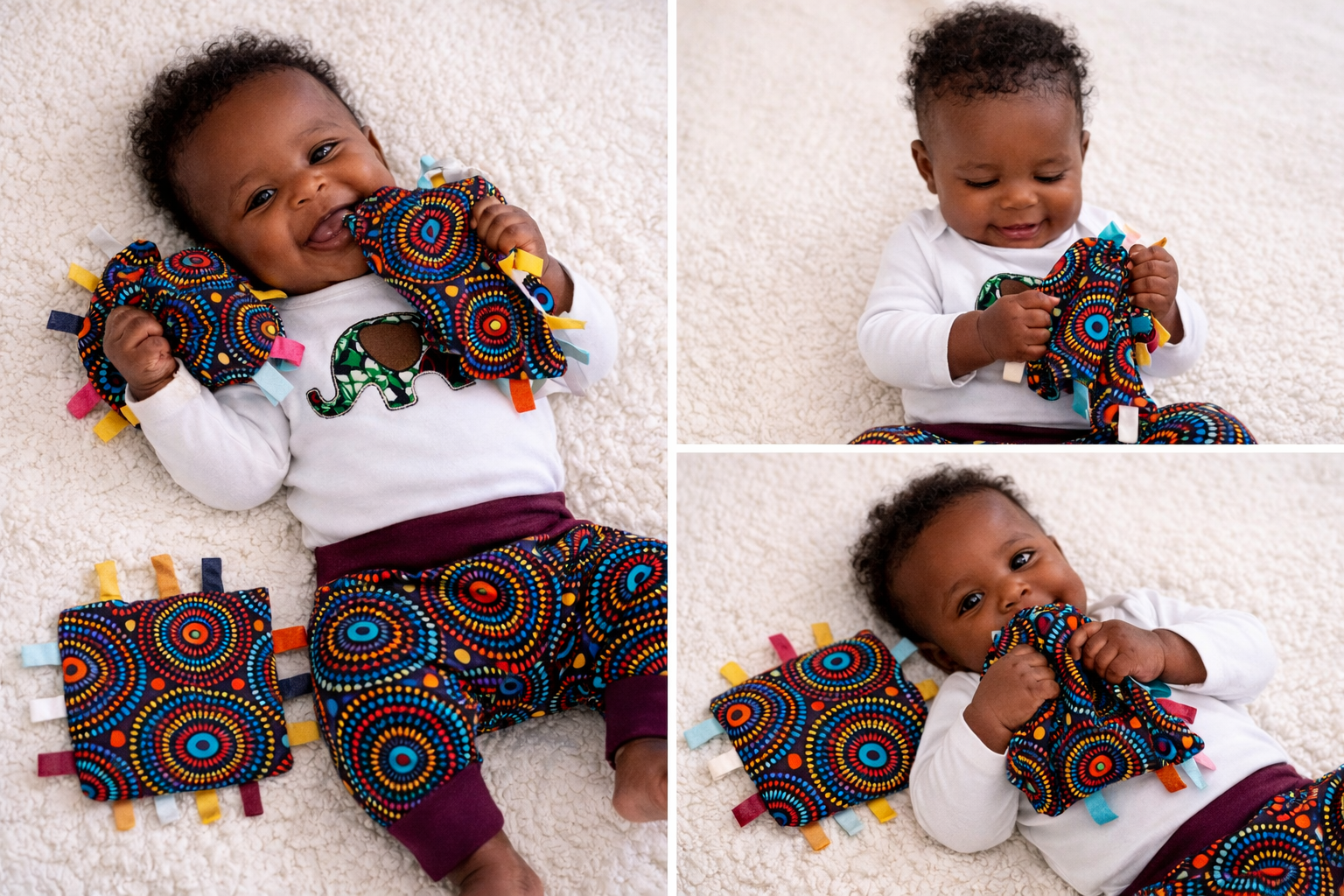 AfriBloom baby outfit with elephant appliqué and matching African wax sensory crinkle toy set