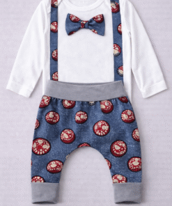 African appliqué baby outfit set with bowtie and suspenders onesie and wax harem pants, handmade MiniBloom by AfriBloom