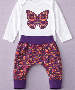 African appliqué baby outfit set with butterfly onesie and wax harem pants, handmade MiniBloom by AfriBloom