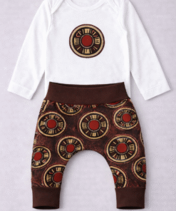 African appliqué baby outfit set with circle onesie and wax harem pants, handmade MiniBloom by AfriBloom