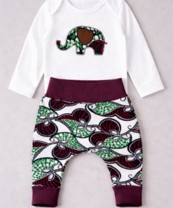 African appliqué baby outfit set with elephant long sleeves onesie and wax harem pants, handmade MiniBloom by AfriBloom