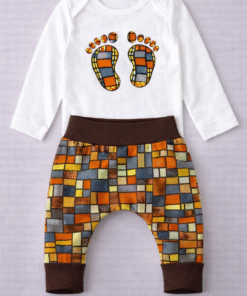 African appliqué baby outfit set with baby feet onesie and wax harem pants, handmade MiniBloom by AfriBloom