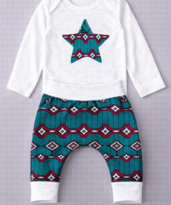 African appliqué baby outfit set with star onesie and wax harem pants, handmade MiniBloom by AfriBloom
