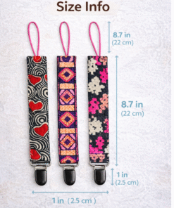 AfriBloom handmade African print pacifier clip size guide – baby-safe fabric clip dimensions, loop size and width for baby pacifier holder