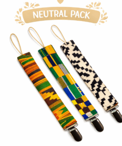 Handmade African print pacifier holder set – neutral baby pacifier clips with wax fabric, gender neutral baby gift