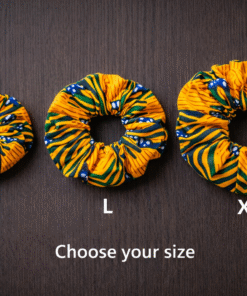 African wax scrunchies size comparison M L XL, side by side to help choose the right size for hair type