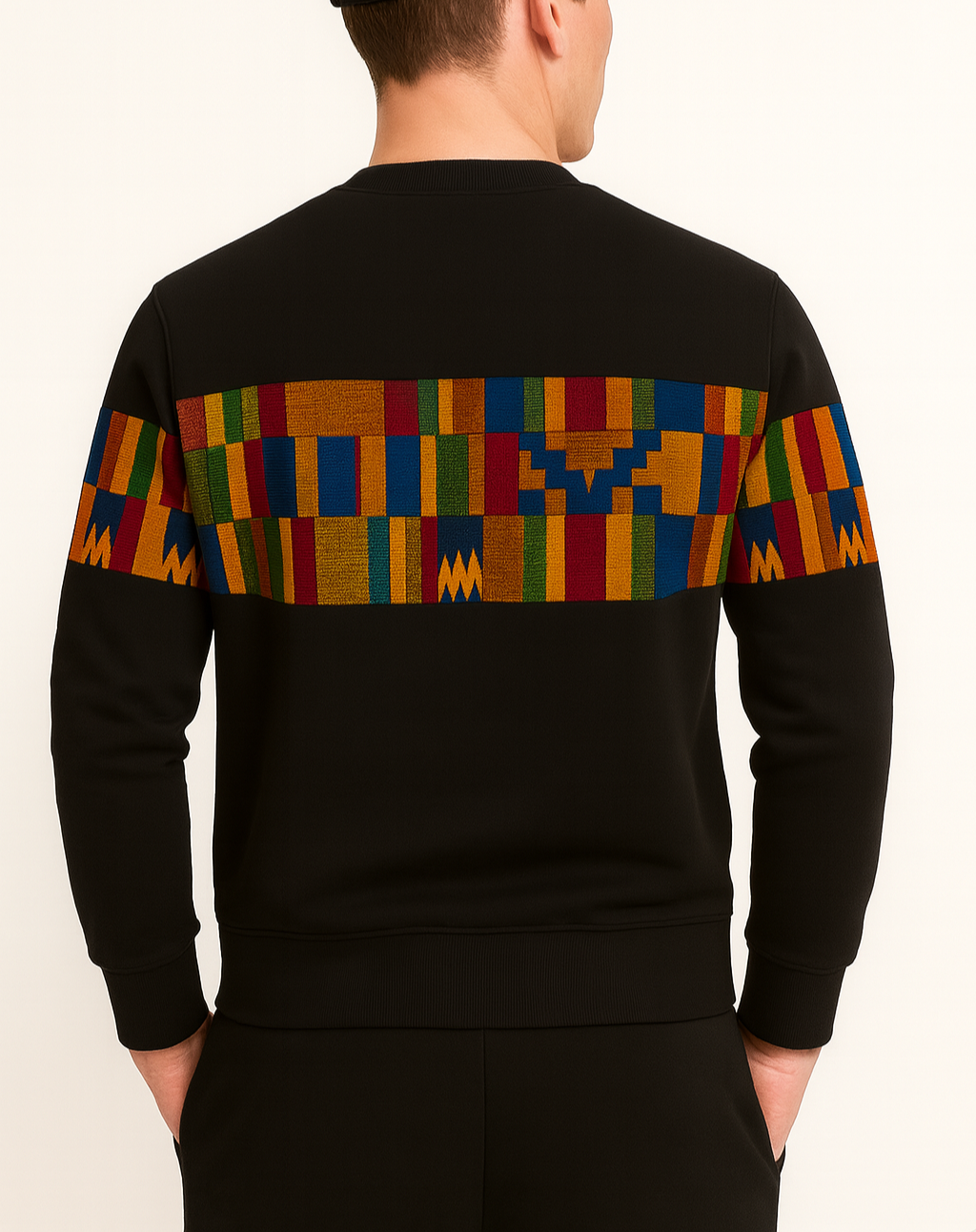 Back view of men’s Afro Triangle sweatshirt with African print panel and premium stitching
