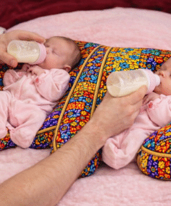Handmade African patchwork twin baby support pillow used for bottle feeding two newborns, double baby feeding pillow by AfriBloom