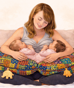 Mother comfortably feeding two newborn babies using a handmade African patchwork double baby support pillow by AfriBloom